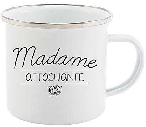 Mug Tasse Rétro en métal émaillé imprimé citation Madame attachiante ref 2202