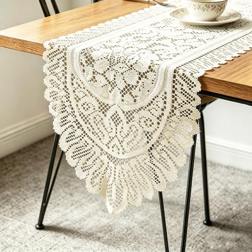 Tinsow 2 Pack Cotton Crochet Lace Rectangular Table Runner Dresser Scarf Doilies (Beige Without Tassels)