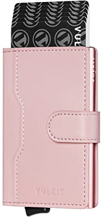 VULKIT Portefeuilles et Porte-Cartes Femme Securise RFID avec 3 Fentes pour Cartes et 1 Fenêtre ID Porte Carte Bancaire en Cuir Porte Carte Metallique Automatique avec Magnétique Fermé, Rose
