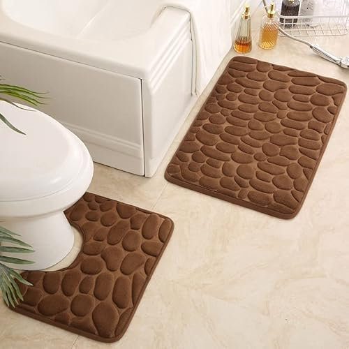 rutschfeste 50 x 80 cm Badematte und 50 x 40 cm WC Vorleger 2 Teilig Badezimmerteppich Set Weiche Badvorleger mit Kopfsteinpflaster Muster Waschbare Badteppiche für Badezimmer (Braun)