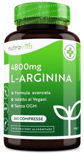 L-Arginina 4800mg 365 Compresse ad Alto Dosaagio - Vegane di L Arginina Pura - Alternativa alla Arginina Polvere - L Arginina Compresse Altamente Dosato - Aminoacido - Integratore Sportivo - Nutravita