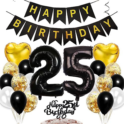 Feelairy Geburtstagsdeko 25 Jahre Frauen, Luftballon 25. Geburtstag Deko Männer, Schwarz Gold Tortendeko Happy 25th Birthday Deko 25 Jahre Frau, Ballon 25. Geburtstag Mann Party Dekoration Set