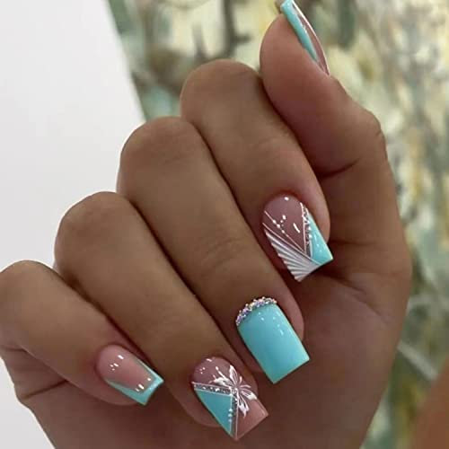 24pcs French Tip False Nails Short Square White and Blue Press on Nails Acrylic Full Cover Stick on Nails with Designs Summer Fake Nails Women Girls Nail Art Accessories