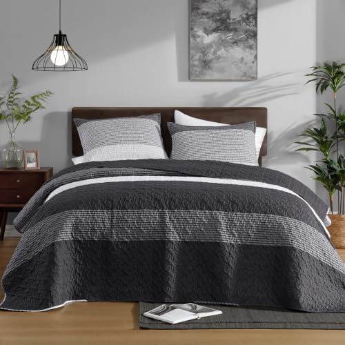 Litanika Quilt King Size schwarz und weiß, gestreift, Patchwork-Sommer-Tagesdecke, 3-teilig, weiche, leichte Mikrofaser, gestepptes Bettwäsche-Set für alle Jahreszeiten (1 Steppdecke, 2 Kissenbezüge)