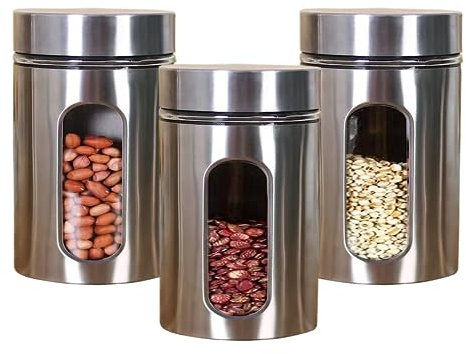 NAVACALA Kitchen Canister Set 3 Piece Glass Coffee Tea Sugar Caddy Clear with Viewing Window & Airtight Lids,Silver Dried Fruit Storage Food Storage Container for Kitchen(600ml)