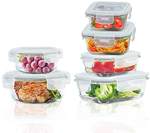 ROSOS Glasbehälter mit Deckel, 6er-Pack luftdichte Frischhaltedosen mit Deckel BPA-freiem für Lebensmittel und auslaufsicher, Frischhaltedosen Glas mit Deckel für Ofen/Gefrierfach, Grau