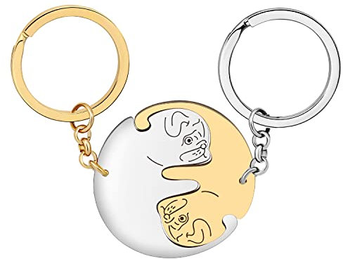 DUOWEI Emaille Mops Hund Schlüsselanhänger Charms Haustier Schlüsselbund Handtasche Neuheit Geschenke für Damen Mädchen (Gold + Silber)