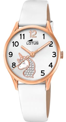 Lotus Mädchenuhr Analog aus Edelstahl und Leder Weiß | Quarzwerk, Kinderuhr, Widerstandsfähiges Glas, Wasserdicht 5 ATM, 18407/K, Junior Collection
