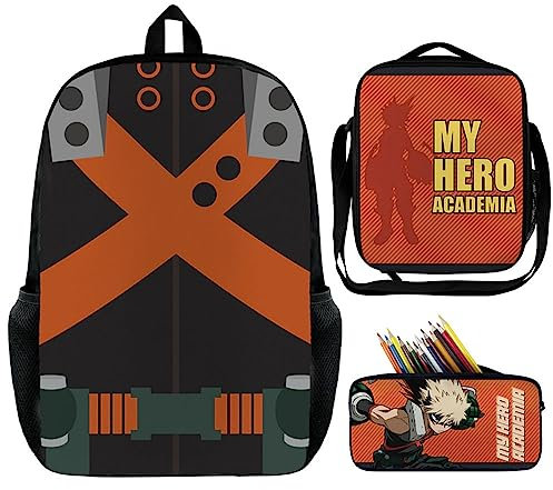 Jilijia Anime My Hero Academia Rucksack 3-teiliges Schulranzen-Set MHA Bedruckter modischer Rucksack Umhängetasche Federmäppchen für Schüler Kinder Teenager, Bakugou Katsuki, 45×33×14 cm,