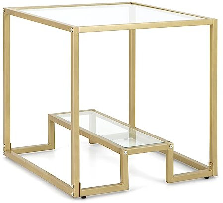 GOPLUS - Mesa baja de cristal templado, mesa auxiliar con 2 estantes y marco de metal resistente, mueble de salón multifuncional con patas ajustables, para sala de estar, dormitorio, 56 x 56 x 56,5 cm