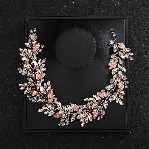 Deniferymakeup Rhinestone Bridal Hair Vine Crystal Wedding Headband Rhinestone Bride Headpiece Leaf Hair Accessories for Women and Girls (Rose Gold)