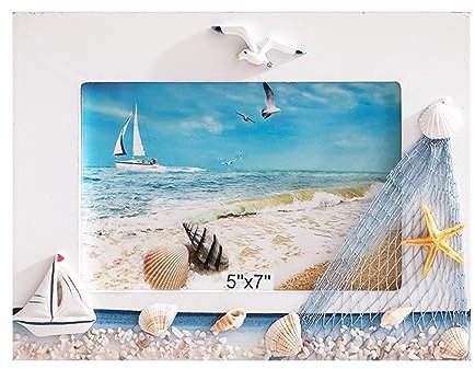 Tisch Fotorahmen, 1 Stück Holzrahmen für Fotos 7x5, Bilderrahmen Vertikal, Fotorahmen mit Standfuß, Holz Nautische Bilderrahmen mit Meeresstern Möwe Deko, Mediterranen Stil, für Büro, Tischdekoration