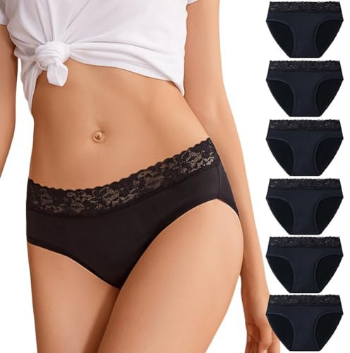 flintronic Cotton Underwear Women Lace, 6 Pack Women's Underwear, Soft and Stretchy Ladies Knickers, Ladies Briefs Hipster Panties Soft Multipack (Black L)