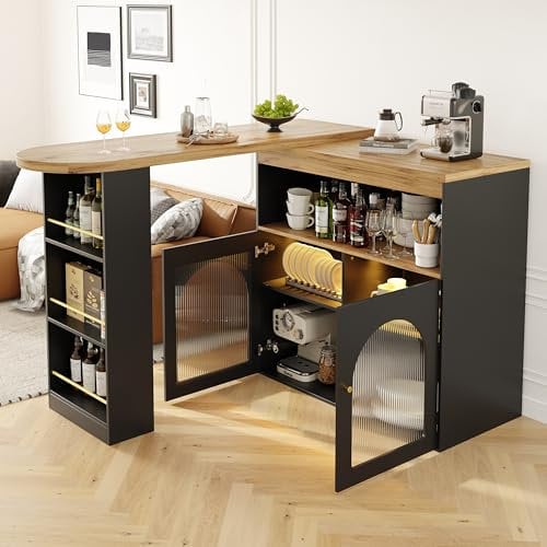 SogesHome Mesa de bar, mesa de comedor, estilo buffet, moderna, extensible, giratoria, mesa de bar, mesa de bar, mesa alta con espacio de almacenamiento y tira de luz LED de 1 m de largo para comedor