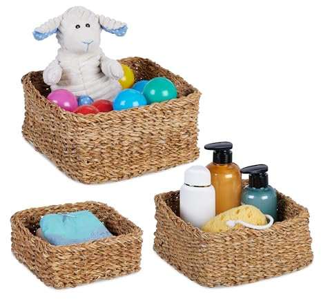 Relaxdays Aufbewahrungskorb, 3er Set, Seegras, 3 Größen, geflochten, Badezimmer, Deko, eckige Utensilienkörbe, Natur