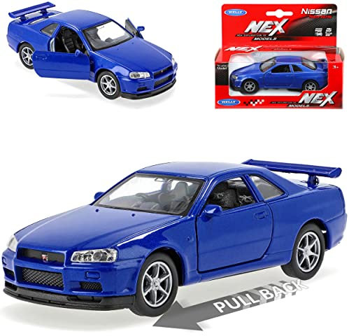 Welly Nisan Skyline R34 GT-R Coupe Blau 1998-2002 mit Rückzugsmotor ca 1/43 1/36-1/46 Modell Auto