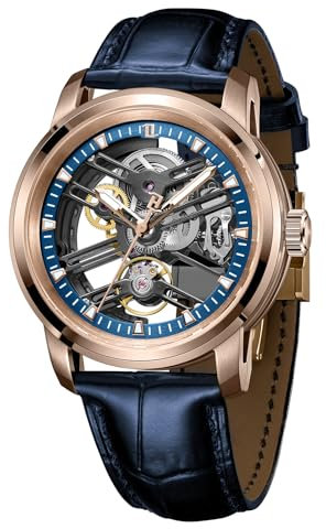 OBLVLO Modische mechanische Armbanduhr für Herren, künstliches Saphirglas, luxuriöses Skelett, leuchtendes Lederband, Automatikuhr, KM-S, Km-s-pll, Armband