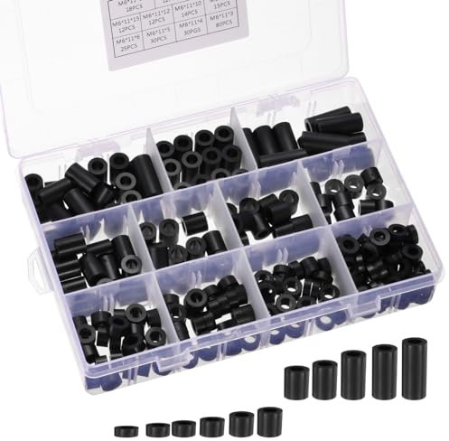 PATIKIL M6 Nylon Spacers, 260Pcs Plastic Spacer Assortment 6mm ID x 11mm OD Spacer Screw Standoff Round Electrical Outlet Spacers for 1/4in Screw Bolts Hardware Receptacle, Black