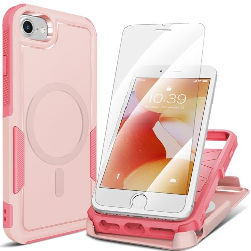 MHYALUDO für iPhone SE Gen 3rd 2022/2nd 2020 Hülle, iPhone 8/7 Hülle, mit 2X Displayschutzfolie aus gehärtetem Glas, 360° Ganzkörper stoßfest, hartes PC & weiches TPU 2-in-1-Design,Pink