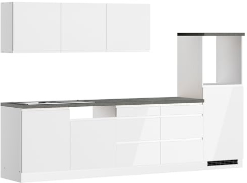 Küche Küchenzeile 300 cm in Hochglanz weiß, Arbeitsplatte Betonoptik