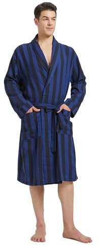 FashGudim Bademantel Herren Baumwolle Leicht Dünn Kurz Morgenmantel Herren Kariert Sommer Schalkragen Schottenmuster (Blau & Schwarz gestreift, 4XL)