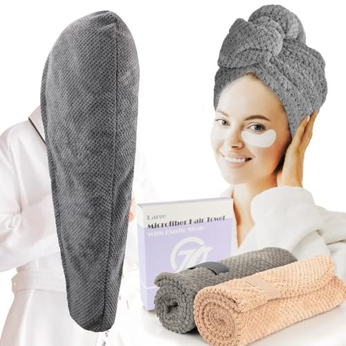 FREATECH 2 Piezas Grande Toalla Microfibra Pelo Anti Frizz 86 x 26 cm, Turbante Microfibra Pelo para Cabello Mojado, Toallas Pelo con Banda Elástica para Mujeres, Cabello Largo, Grueso