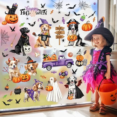decalmile Fensteraufkleber Halloween Hunde Fenster Abziehbilder Kürbis Fledermäuse Süßigkeiten Anti-Kollision Fensterfolie Glas Fensterdeko Aufkleber