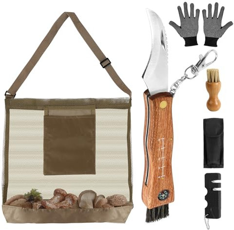 NZZVNZ Coltello per Funghi, Coltello a Funghi Pieghevole con Spazzola, Pietra Abrasiva, Bussola Regolabile Grande Volume, 2 Guanti, Borsa da Caccia, Coltello per Funghi in Acciaio Inox per Campeggi