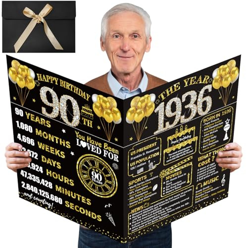 Kuxriox Große Geburtstagskarte zum 90. Geburtstag mit Umschlag, Schwarz/Gold, zum 90. Geburtstag, riesiges Gästebuch, Geschenke für Männer und Frauen, riesige Geburtstagskarte zum 90. Geburtstag