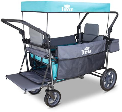 TMZ Folding Trolley Portable Push Pull Cart Wagon with Adjustable Handle Bar Handcart With 2 Seats and Canopy Transport Wagon for Beach Garden Camping 265LBS Capacity (Turquoise/Grey)