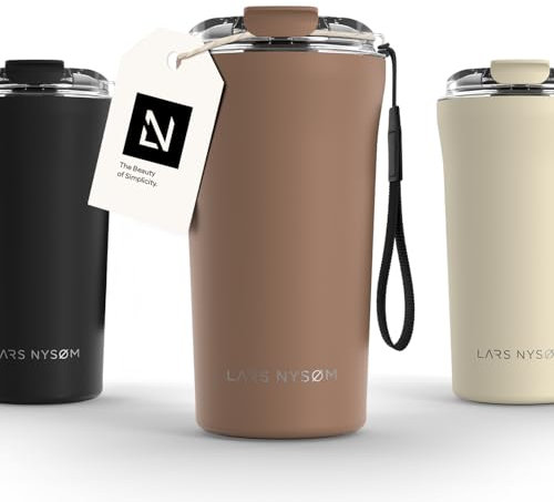 LARS NYSØM Taza térmica café para llevar con correa y Tapa Tritan | Termo Café de 0,5 litros con aislante | Travel mug de acero inoxidable a prueba de fugas (Mocha Brown, 500ml)
