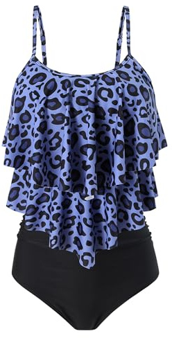FLYILY Dam tvådelad hög midja badkläder tankini volangset rynkad simdräkt, 2-navyleopard, XL