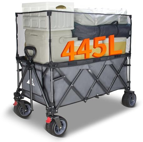 TOPWELL Bollerwagen faltbar mit Dach Handwagen Transportkarre Gerätewagen-10CM Breite Räder-445I großes Fassungsvermögen mit Bremse Verstellbarem Griff-für Camping Einkaufen (Grau)