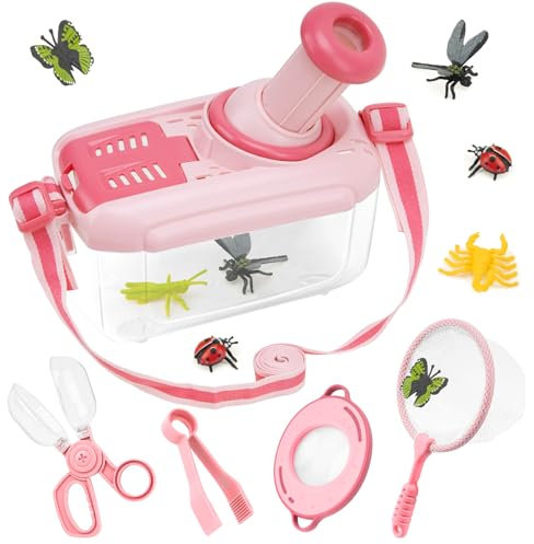 Funsland Forscherset für Kinder ab 4, Entdecker Set mit Insekten Beobachtungsbox, Lupenglas Kinder, Insektenfänger, 12 Gefälschte Insekten, Schmetterlingsnetz, Grün (Rosa)