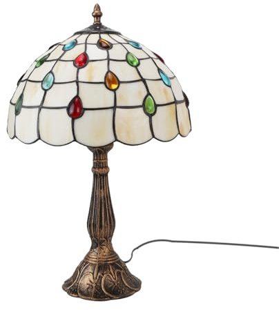 Alpinaluz Lámpara de Mesa Estilo Tiffany Vintage para Dormitorio y Cabecera con Pantalla Artesanal de Cristal Blanco y Base Metálica en Latón Bronce, Casquillo E27, Interior, Sin Bombilla