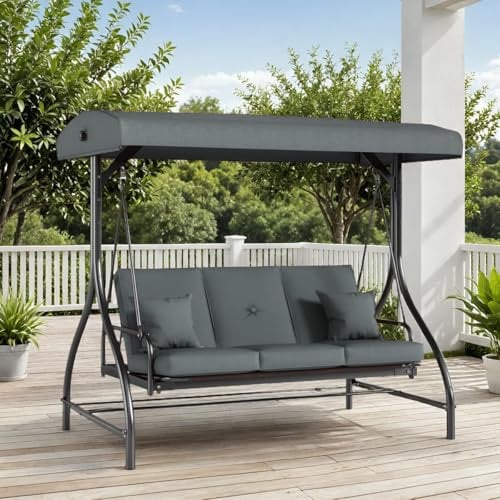 TLSUNNY 3-Seat Patio Swing Chair W/Adjustable Canopy & Backrest, Removable Seat Cushion, Convertible Porch Bed with Stand, 45° Adjustable Canopy, for Backyard, Poolside, Balcony, 750LBS