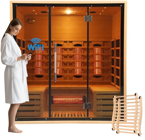 AMOCANE Sauna en bois infrarouge pour 3 à 6 personnes avec contrôle WiFi, spectre complet, saunas d'intérieur en pruche avec chauffage de 10 minutes, 2700 W/220 V, sauna d'intérieur avec barre