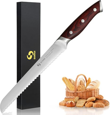 SANHUI 8 Serrated Bread Knife - High Carbon Steel, Pakkawood Handle | Razor Sharp Serrated Edge, Ergonomic Design for Effortless Slicing of Homemade Bread, Cakes, Crusty Loaves & Pastries.