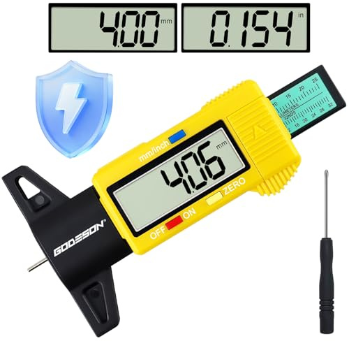 GODESON Medidor De Profundidad de los Neumáticos,0-25,4 MM/1 Pulgada Medidor Profundidad Neumaticos, LCD Altoprecisión, Modo Ahorro Energía, Para Coches, Camiones, Motocicletas（Amarillo)