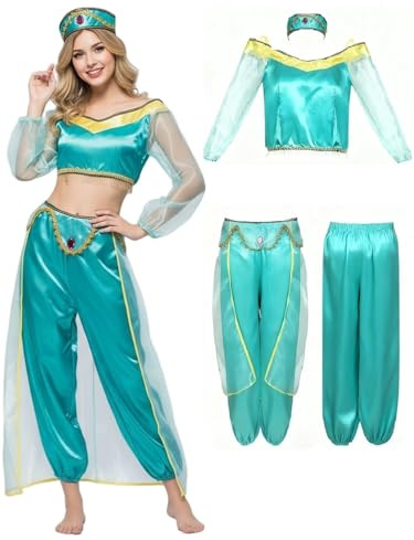ZBH1985 Aladdin Jasmin Prinzessinnen-Rock für Damen, arabischer Bauchtanz, Oberteil und Hose, 2-teiliges Set, Party-Outfit mit Stirnband, Größe M
