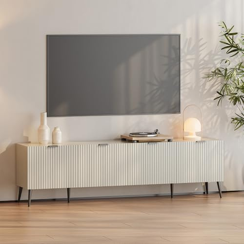 [en.casa] TV Schrank Nand Lowboard mit 4 Türen geriffelt Fernsehschrank 180 x 35 x 51 cm Sideboard Kommode Fernsehtisch Sandfarben