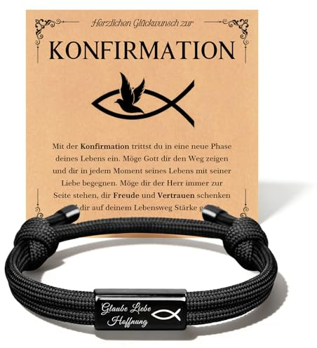 Kommunion Geschenk Fisch Surfer Armband für Jungs, Lasergravur Segeltau Armbänder mit Edelstahl Charme, Christliche Motivation Taufgeschenke für Kinder Konfirmation Erstkommunion