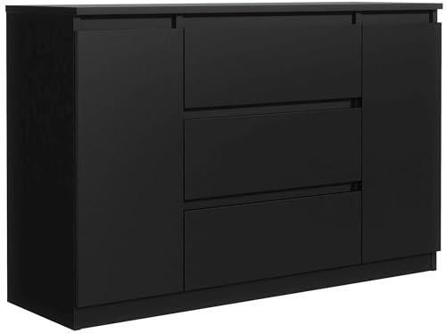 Masseno Kommode NUDO 138,5 cm Sideboard mit 3 Schubladen und 2 Türen für Wohnzimmer Schlafzimmer Modern 138,5x39x78,2 cm Schwarz/Schwarz