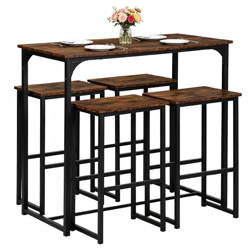 Songvas Conjunto Mesa Alta de Cocina con 4 Taburetes, Mesa Comedor con Sillas Industrial para Comedor, Cocina, Mesa de Bar 100 × 50 × 90 cm, Sillas 40 × 30 × 65 cm, Negro Mate + Veta Madera Retro