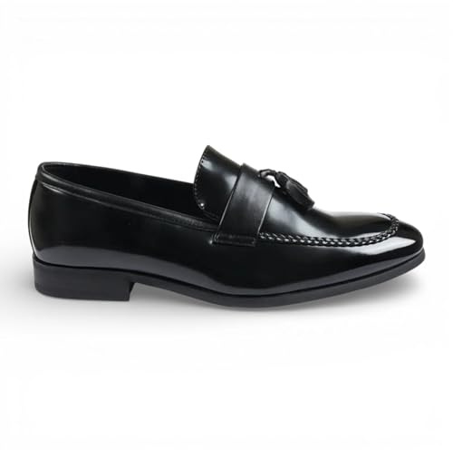 Infinity Leather Dolcetto Herren-Slipper aus schwarzem, hochglänzendem Kunstleder mit Quasten – Elegante und lässige Schuhe