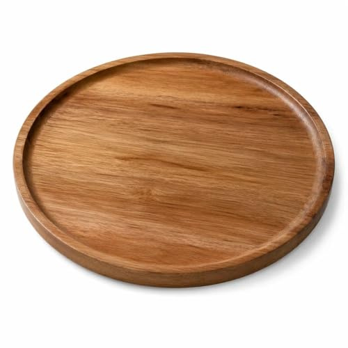 1 Pc Round Acacia Wood Serving Tray, 20.5 x 1.8 cm, Natural Finish | Raised rim and smooth surface; for coffee tables, kitchen counters, candles, drinks and tabletop organisation