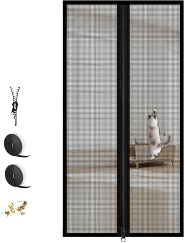 Cat Screen Door with Zipper - Upgraded PP+PE Fly Nets for Doors, Anti-Mosquito & Pet Escape Proof Door Net Curtain, Durable Cat Door Screen for Patio Doors Front Doors Standard Door, 90x210cm