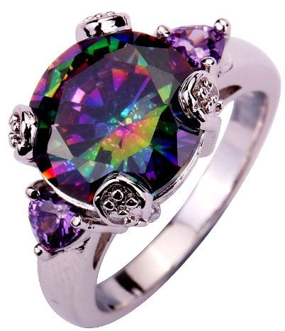 YAZILIND Damenring mit Rundschnitt- K?nigs Original Regenbogen Topas Amethyst Zirkonia Silber plattiert DE Gr??e 20 Geschenk- Hochzeit