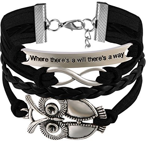 JewelryWe Schmuck Leder Freundschaftsarmband, Vintage Where There's a Will There's a Way große Eule Infinity Unendlichkeit Zeichen Charm Armband Armreif Wickelarmband, Schwarz Silber