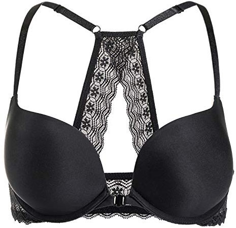 DOBREVA Women's Push Up Bra Front Fastening Bras T Shirt Racer Back Padded Underwired Plunge Bra Black 34C